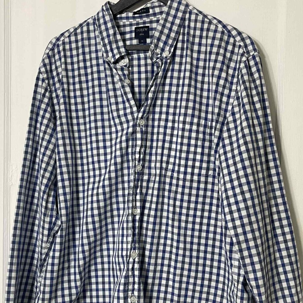 J.CREW MEN'S CASUAL LONG SLEEVE BUTTON-DOWN BLUE/WHITE CHECKERED SHIRT